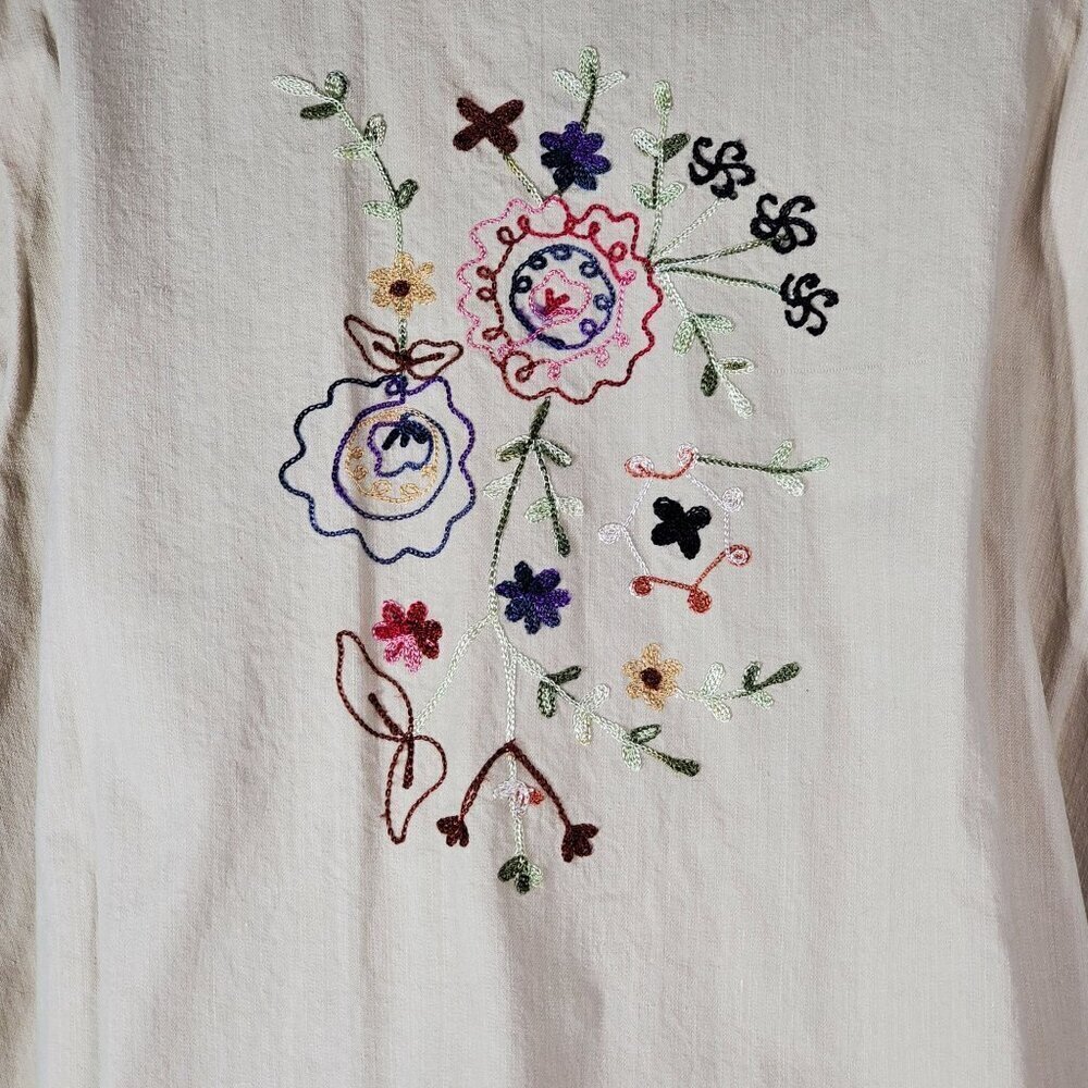 Denim & Co. Womens Beige Embroidered Button Shirt Jacket 1X Floral Long Sleeve - Picture 8 of 14